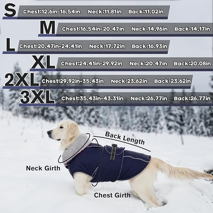 Lelepet Warm Dog Coat Waterproof Dog Jacket for Large Dogs Reflective Fleece Vest with Adjustable Buckle Hook & Loop Windproof Cold Weather Coats for Small Medium Large Dogs, Navy Blue, XXL
