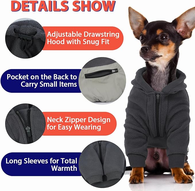 Dog Hoodie for Large Dogs, Fleece Sweatshirt with Pocket Long Sleeves Adjustable Zip, Warm Jacket Boy Girl for Bulldog Pug, Cold Weather Christmas Holiday Indoor Outdoor, Grey, XL