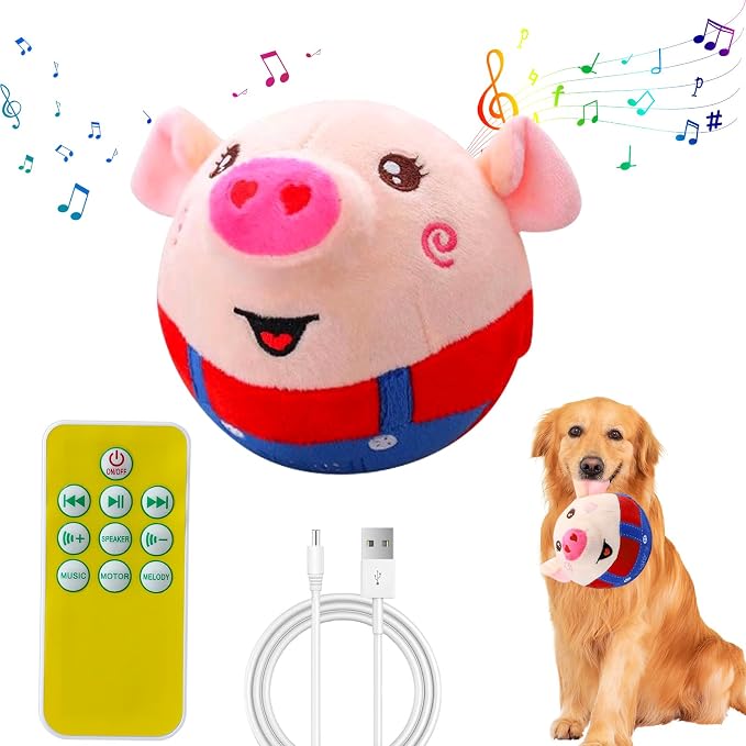 Interactive Plush Dogs Toys, Interactive Puppy Toy Bouncing Rolling Dogs Ball Remote Control Dog Toy with Music, Self Moving Pet Toys for Small/Medium/Large Bored Dog to Keep Them Busy(Pig)