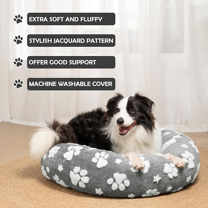 Yaning Donut Dog Beds for Small Dogs, Calming Round Cat Beds for Indoor Cats, Cute 3D Textured Paw Pet Bed with Removable Washable Cover and Anti-Slip Bottom（Grey，23"）