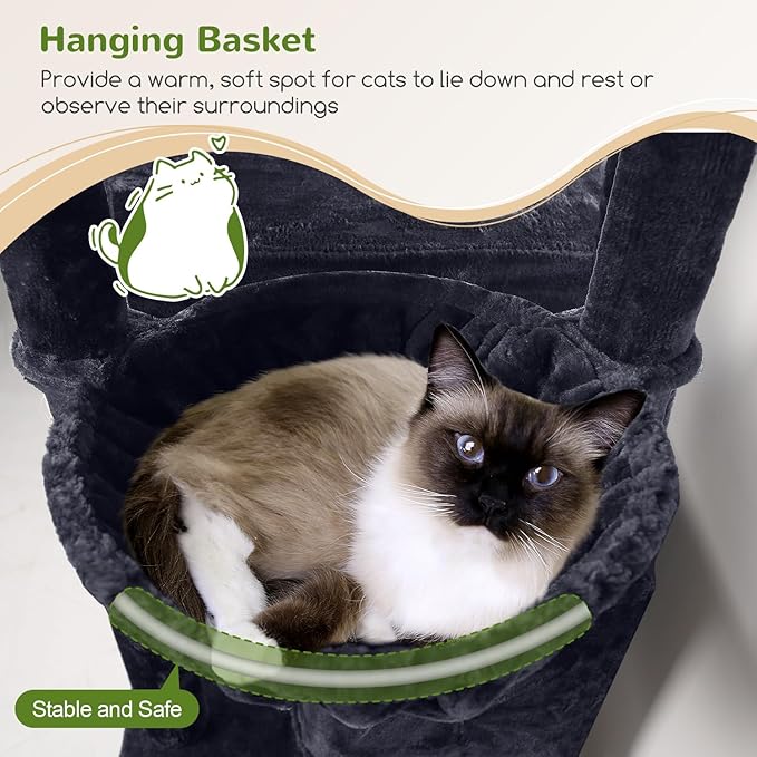 Globlazer Cat Tree Tower, 76-Inch Extra Tall Multi-Level Cat Furniture with Cozy Condos, Hammock and Perches for Adult Cats, Perfect for Climbing, Scratching, and Play, F76, Dark Grey