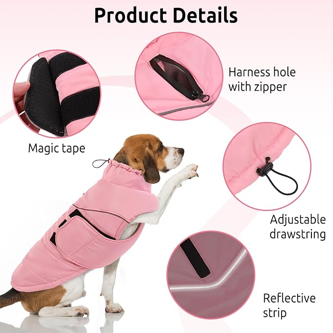 Peferhouse Dog Winter Coat - Warm, Windproof, Reflective Jacket with Harness Hole - Thick Dog Vest - Pink, Large