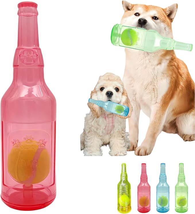 Tennis Ball in Bottle Dog Toy [2025 New Upgrade] Reinforced and Thickened Rubber Bottle Dog Chew Toy with Ball Squeaky Fetch Toy Tough (Red, Medium)