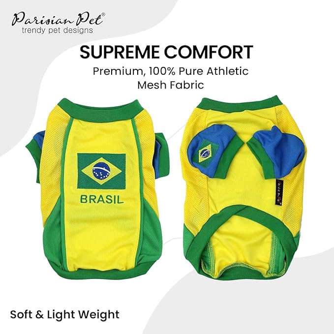 Parisian Pet Dog Jersey - Embroidered “ Brasil “ Breathable Mesh Fabric Brazil Soccer Outfit - Football, and Olympic Sportswear Brazil Dog Clothes - Jerseys for Large Dogs - 4XL