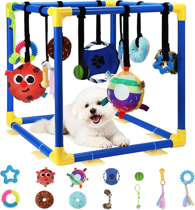 Puppy Play Gym with 12 Toys, Removable Dog Enrichment Playground, Interactive Indoor Training Activity Center for Small Dogs & Puppies, Teething & with Squeaky Toys, Fixable, 12 Toys