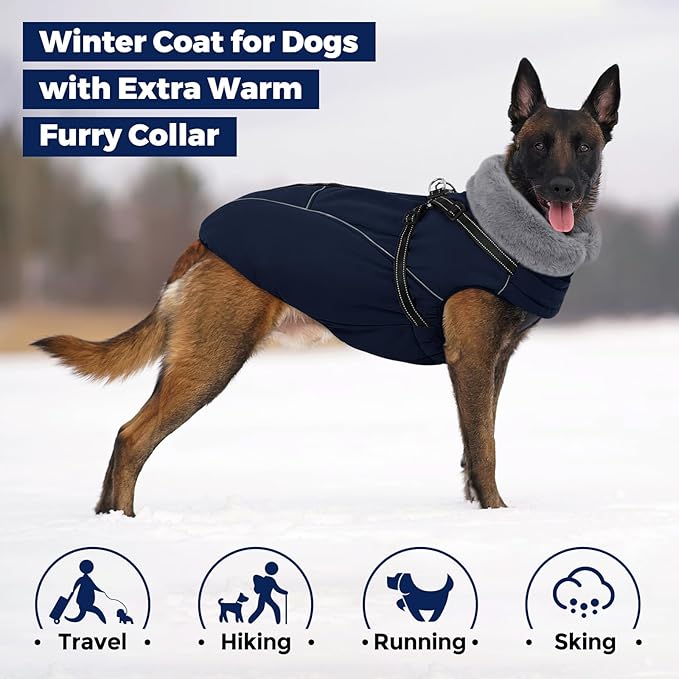 Queenmore Dog Jackets for Large Dogs,Dog Coat with Harness Built in,Waterproof Dogs Coats with Zipper On Back,Warm Fleece Lining Cold Weather Pet Coats with Furry Collar for Labrador,NavyBlue,XL