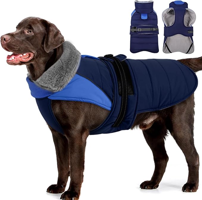 MIGOHI Snowproof Dog Coat - Thick Fleece Dog Jacket with Adjustable Collar, Keep Warm Winter Coat for Medium Dogs Cold Weather Walking Playing,Australian Shepherd,XL,DarkBlue