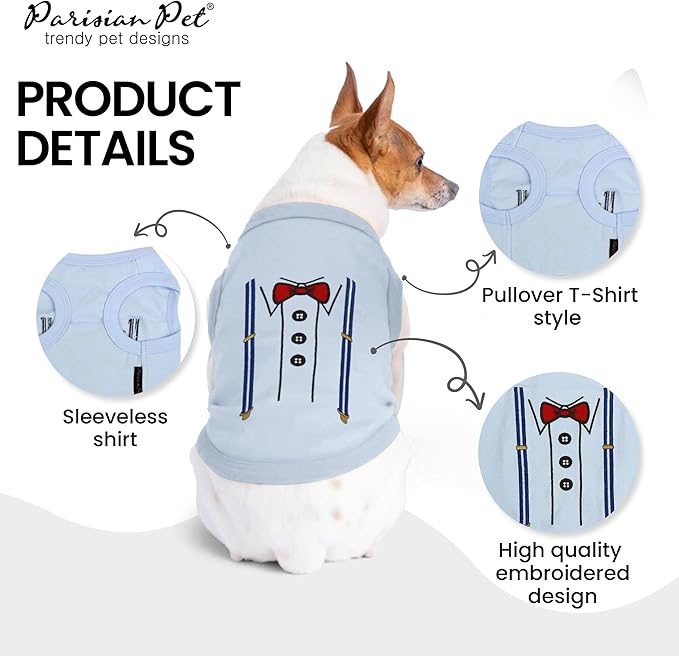Parisian Pet Dog T-Shirt - Suspender Tuxedo Dog Shirt - Breathable and Lightweight Boy Pet Clothes - Sleeveless Pet Shirts - Machine Washable Shirts for Small Dogs - XS