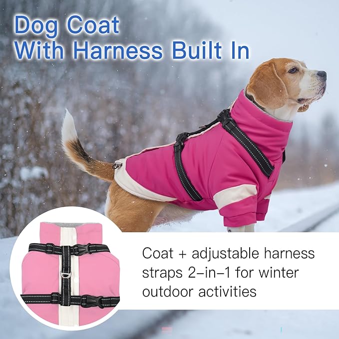 Dog Winter Coat with Adjustable Reflective Harness Built in -M | Turtleneck Water-Repellent Coats with Sleeves for Small Dogs Boy,Cold Weather Coats,Warm Jacket for Schnauzer (Rosered)