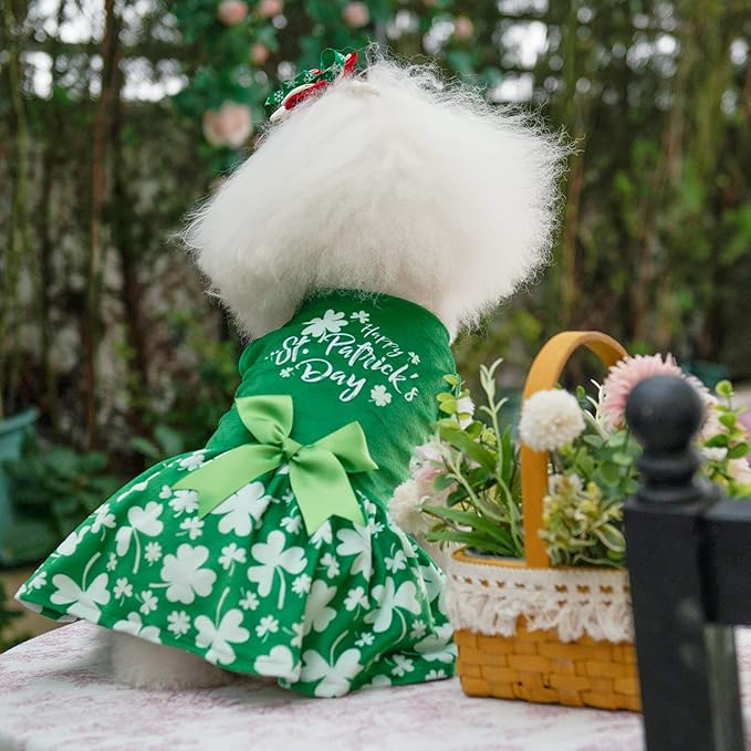 CuteBone St.Patrick's Day Dog Green Dress Velvet for Small Dogs Girl Puppy Dresses Clover Dog Clothes CVA14XXS-D