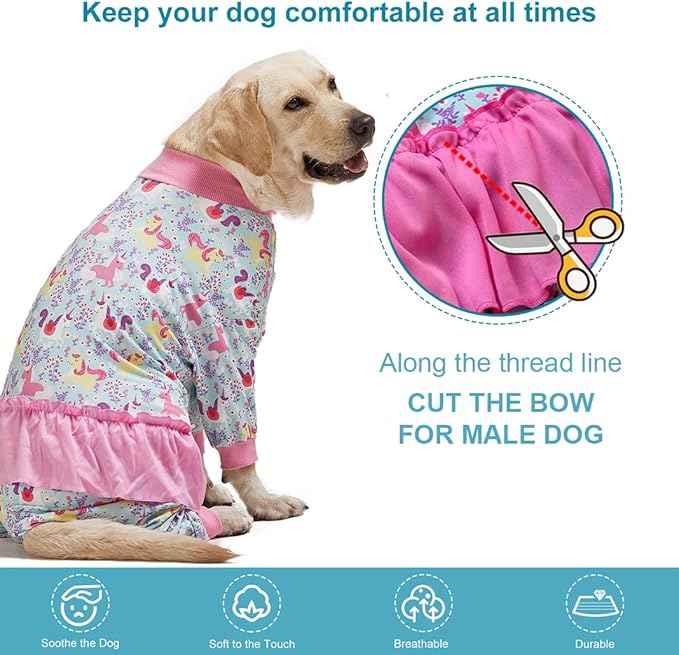 LovinPet Large Breed Dog Pajamas Onesie, Lightweight Stretchy Knit Dog Jammies, Unicorn Seafoam Print, Stop Shedding for Dogs, Pet Pajamas for Dogs, Pet PJ's, 2XL
