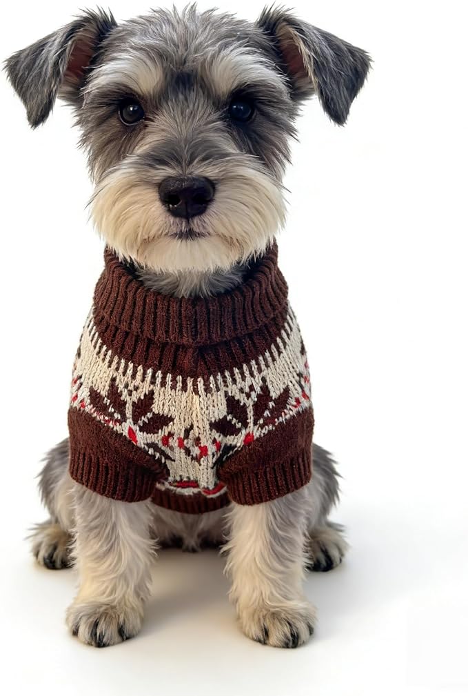 Small Dog Cold Weather Sweaters – Warm Knit Turtlenecks, Cozy Pet Pullovers Dog Clothes with Leash Hole for Chihuahua Bulldog Pug Beagles (Brown/White, Small)