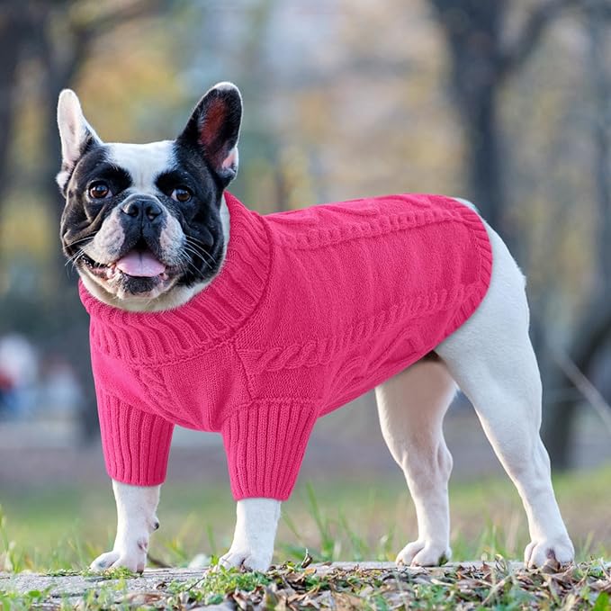Queenmore Small Dog Pullover Sweater, Cold Weather Cable Knitwear, Classic Turtleneck Thick Warm Clothes for Chihuahua, Bulldog, Dachshund, Pug (Fuchsia, X-Large)