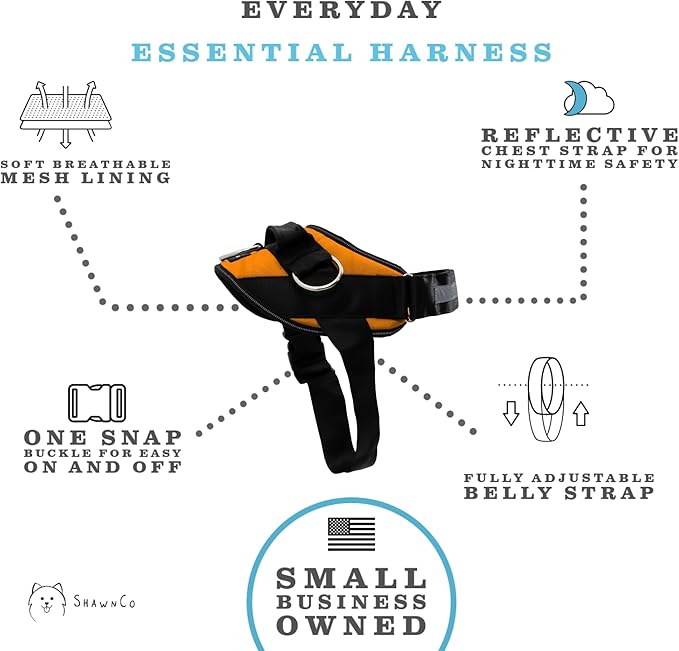 ShawnCo Essential Dog Harness, No-Pull Pet Vest with 3 Leash Clips, No Choke, Reflective, Adjustable and Padded, for Easy Walking and Training for Small, Medium and Large Dogs (Sunset Orange, M)