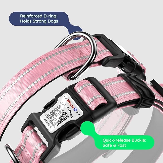 Premium Airtag Dog Collar，with IP68 Waterproof AirTag Holder,Pink,L | Soft,Breathable,Nylon Padded,Reflective,Ultra-Durable Buckle,Adjustable,Comfortable for Small Medium Large Dogs