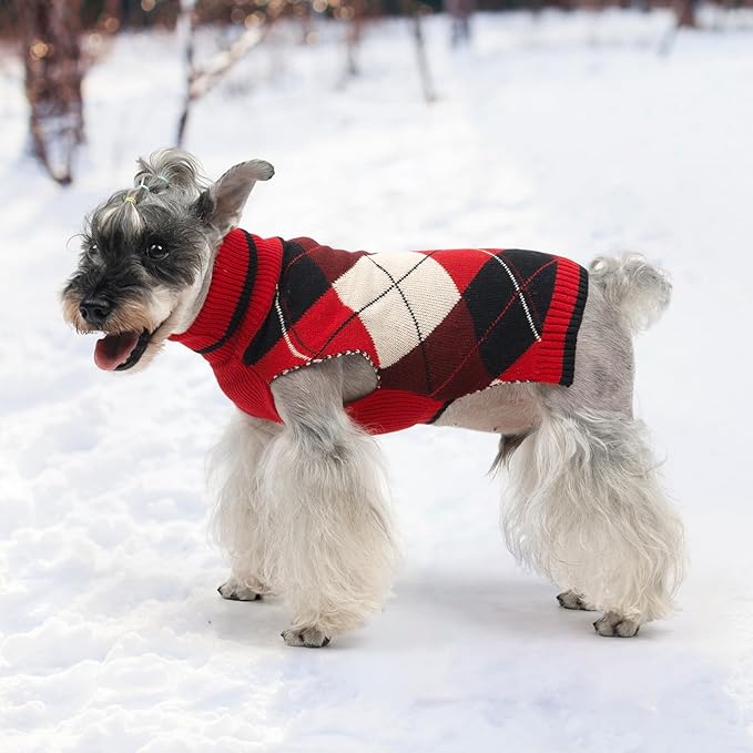 KOOLTAIL Dog Sweater - Thick Warm Plaid Pullover Turtleneck Fleece Dog, Cat, Puppy Christmas Sweater with Leash Hole - Red - S, M, L
