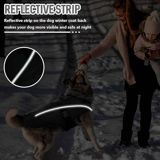 DENTRUN Winter Warm Dog Coat Reflective Jacket with Turtleneck for Cold Weather, Adjustable Buckle Windproof Water Repellent, Thick Snowsuit Fleece Vest for Small, Medium, Large Dogs, Black, XXXL