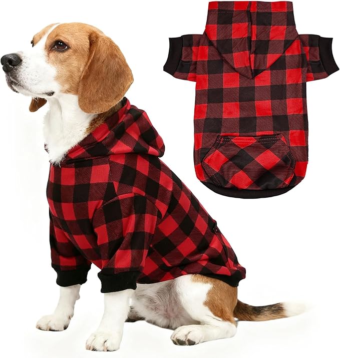 Red Plaid Dog Hoodie Soft Warm Fleece Lined Dog Sweater Hoodie with Leash Hole and Pocket Elastic Pet Coat Clothes Dogs Sweatshirt for Small Medium Large Size Dogs(Red A,Medium)