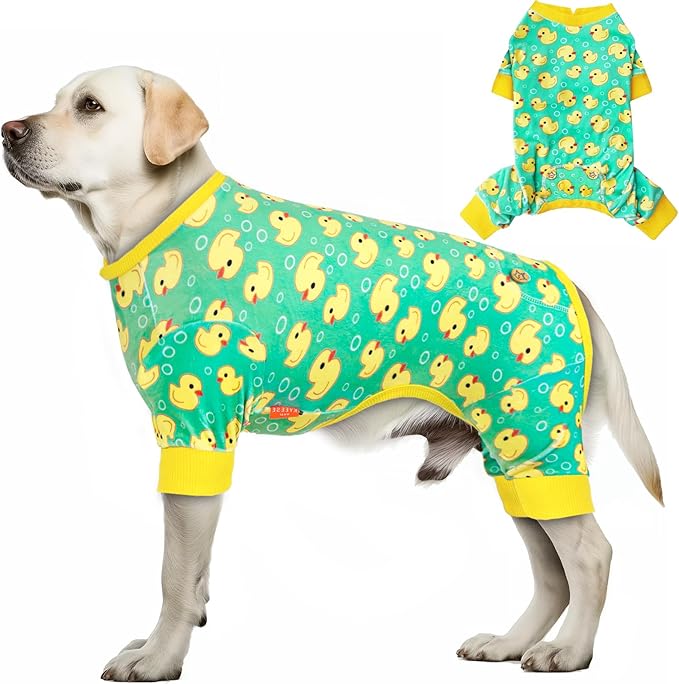 KYEESE Dog Pajamas Velvet Dog Pajamas Medium Sized Dogs Soft Dogs Clothes Pjs with Yellow Ducks Pattern Stretchy Pet Jammies Coat Comfy Pet Onesie Costume, 2X-Large