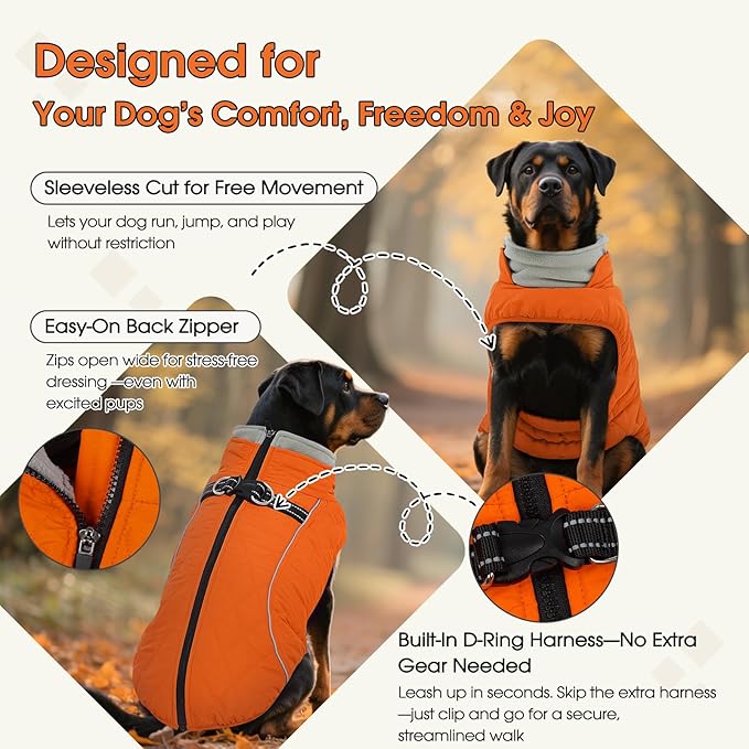 QBLEEV Dog Coat for Small Dogs, Winter Warm Fleece Vest, Waterproof & Windproof with Adjustable Fit, Built-in Harness, Reflective Trim & Zip-Up for Safe Cozy Walks — Orange, XS, for Chihuahua, Yorkie