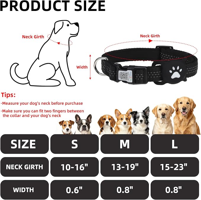 PUPTECK Airtag Dog Collar, Reflective with QR Code Buckle, Waterproof AirTag Holder Outdoor Tracking Pet Collars, Adjustable Soft Padded Durable for Small Medium Large Dogs Walking Training, Black M