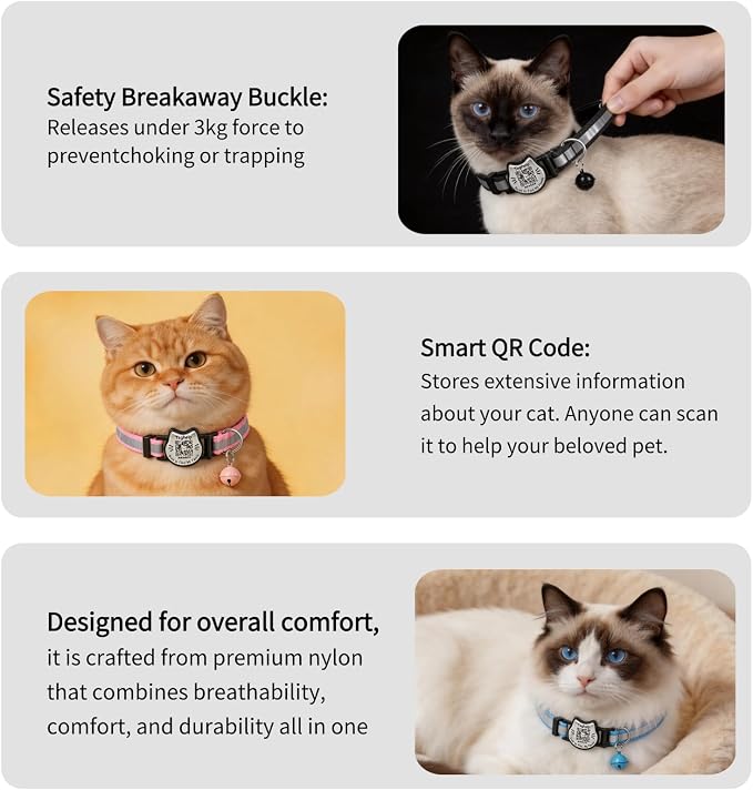 Breakaway Cat Collar with QR Code Tag and Bell(Yellow & Green) | Reflective Nylon, Quick-Release Buckle