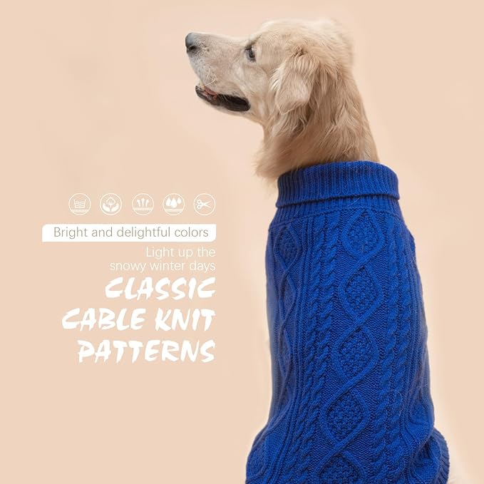 BINGPET Thermal Knitted Dog Sweater for Small Medium Large Dogs,Winter Dog Cat Coat Warm Sweartershirts Outfits,Classic Cable Knit Turtleneck Pullover Dog Jumper Coat Warm Sweartershirts(Blue,M)