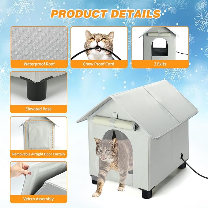 Heated Cat House in Winter Waterproof, Elevated Heated Outdoor Cat House Insulated Outside Feral Cats Houses Shelter with Escape Door for Cats or Small Dogs (Grey, Medium (15.3"x19.3"x18.9"))