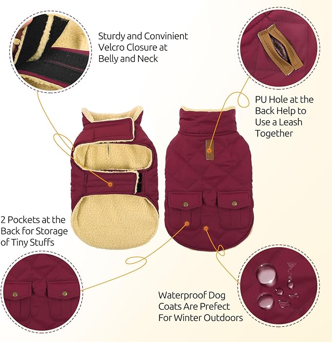 Queenmore Dog Winter Coat Warm Puffer Jacket Waterproof Plush Lining Thermal Cold Weather Vest for Small Medium Large Dogs, Windproof Easy On Pet Jacket Burgundy XL