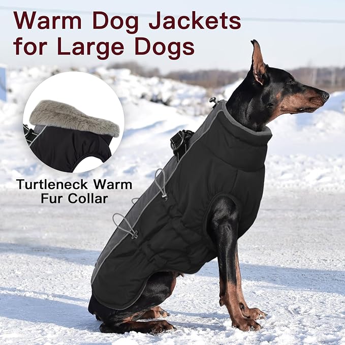 Dog Winter Jacket - Large, Warm Zip Up Snowsuit Dog Harness Vest, Reflective, Water-Resistant, Black