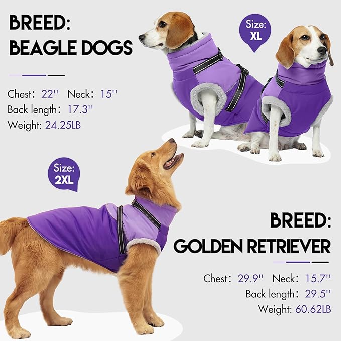 Dog Coat with Harness Built, Dog Winter Jacket with Zipper Closure, Warm Pet Fleece Puffer Coat with Reflective Strips & Furry Collar, Waterproof Snowsuit for Medium Large Dogs - Purple XXXL