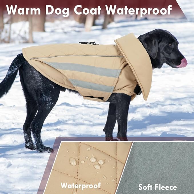 Dog Coats for Medium Dogs Waterproof Warm Winter Jacket with Leash Hole Reflective Turtleneck Fleece Snowsuit Hook & Loop Snow Jackets for Dogs, Khaki M