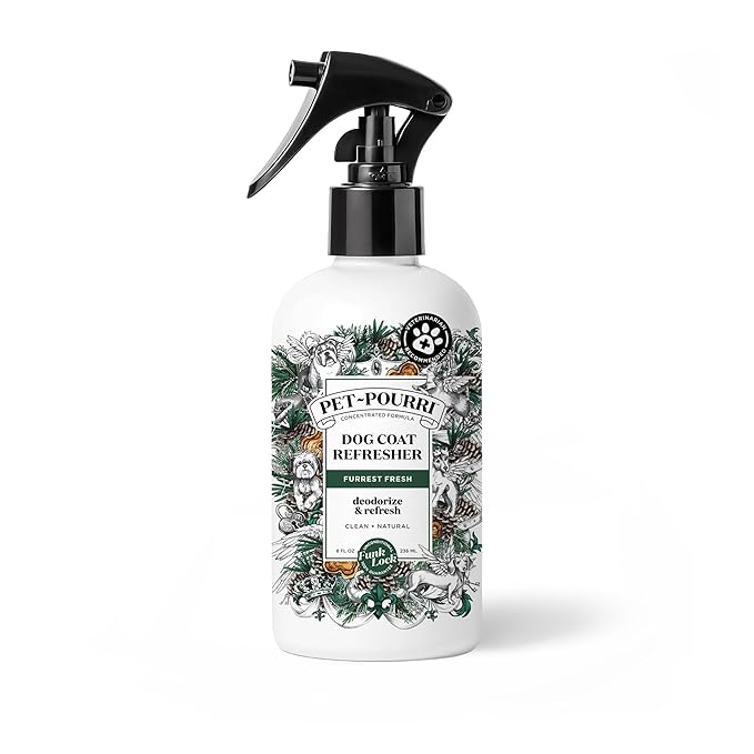 Poo-Pourri Furrest Fresh Dog Deodorizing Spray, 8 Fl Oz Grooming Perfume for Dog Coat, Pet Odor Neutralizer with Essential Oils, Vet Recommended, Paraben & Sulfate-Free Fir, Amber, & Cedarwood Scent