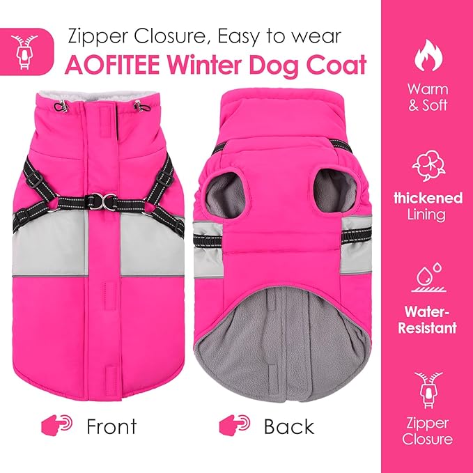 AOFITEE Dog Coat, Large Dog Jacket, Dogs Coat with Harness Built in, Reflective Waterproof Dogs Jackets Winter with Furry Collar, Warm Polar Fleece Pet Sweater Snowsuit for Doberman, Great Dane XXXL