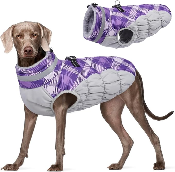 FUAMEY Dog Coat for Large Dogs,Waterproof Dog Winter Jacket with Harness Built in Puppy Cold Weather Coats Reflective Pet Vest with Zipper Warm Fleece Dogs Snowsuit Windproof Purple Plaid 2XL