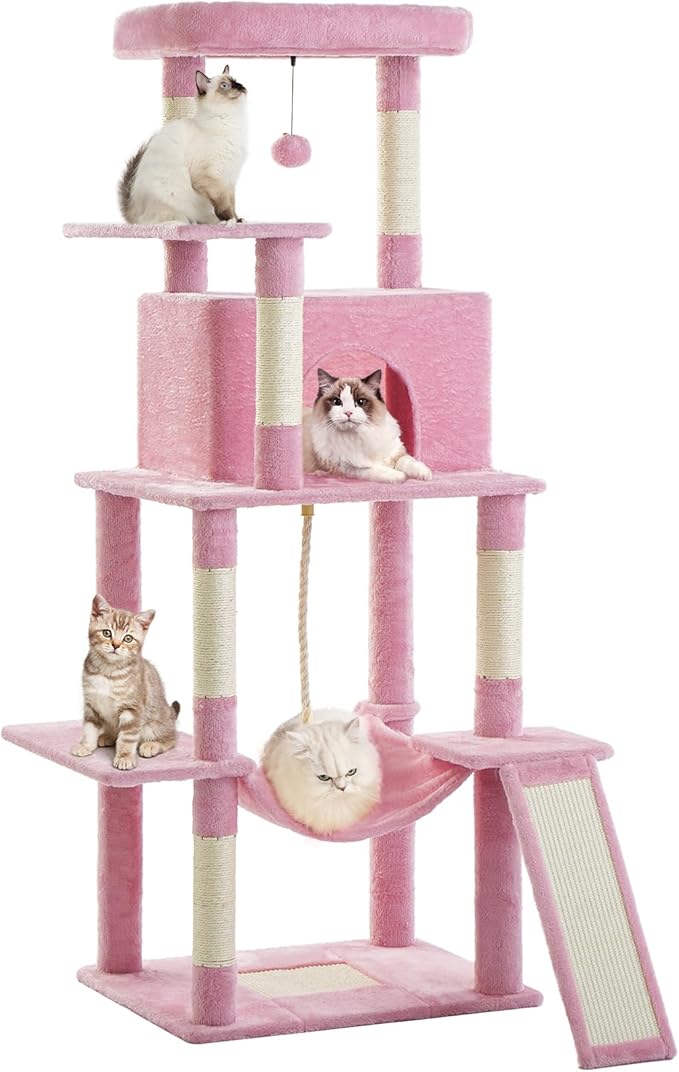 ABCPET Cat Tree Tower 63in Multi-Level Cat Tower for Indoor Cats with Sisal Scratching Posts, Condo, Hammock, Dangling Ball and Extended Platform for Cats to Play, Pink
