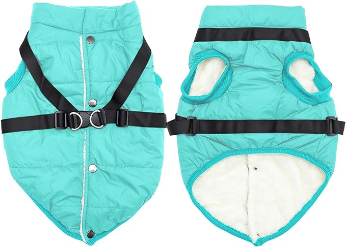 Dog Jacket with Harness,Fleece Lined Warm Puppy Coat for Winter,Soft Windproof Small Dog Vest,Bluegreen M
