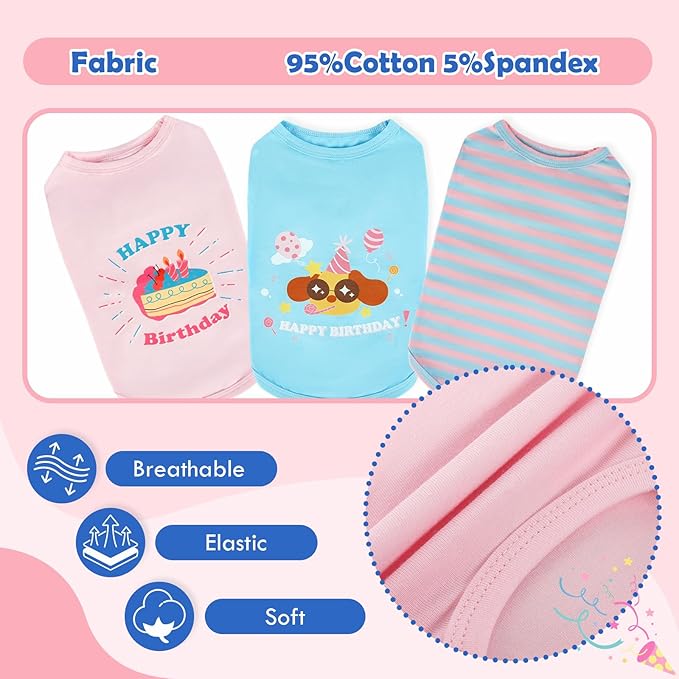 3 Pack Dog Shirts for Small Dogs Birthday,Sleeveless Lightweight Print T-Shirt,Indoor/Outdoor Breathable and Quick Dry for Travel,Cute Party Photo Clothes(Pink & Blue,XL)