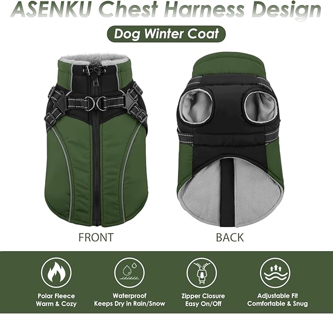 ASENKU Reflective Dog Coat with Built-in Harness, Windproof Fleece-Lined Dog Jacket for Small, Medium, Large Dogs, Warm Winter Vest with Turtleneck & Zipper (Green XS)