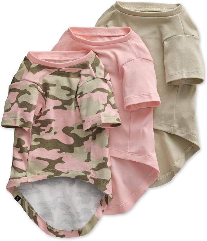Toby II - The Perfect Tee, 3 Pack Short Sleeve Pet T-Shirt 100% Organic Cotton Tees Clothes for Small, Medium, Large Dogs, Pink Camo, XX-Small (4-7 lbs)