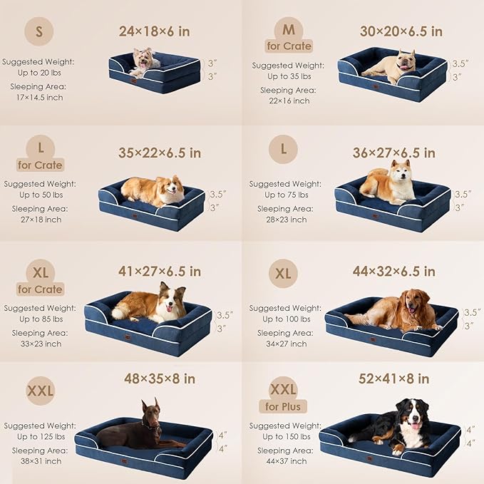 EHEYCIGA Orthopedic Dog Beds for Extra Large Dogs, Waterproof Memory Foam XXL Dog Bed with Sides, Non-Slip Bottom and Egg-Crate Foam Big Pet Couch Bed with Washable Removable Cover, Navy