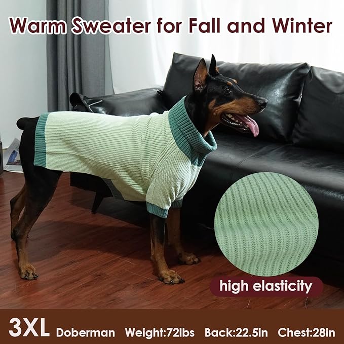 Dog Sweater XXXL, Turtleneck Sweaters with Leash Hole, Soft Knit Pullover for Large Dogs Male Female, Winter Thermal Pet Sweaters for Doberman Labrador, Green 3XL