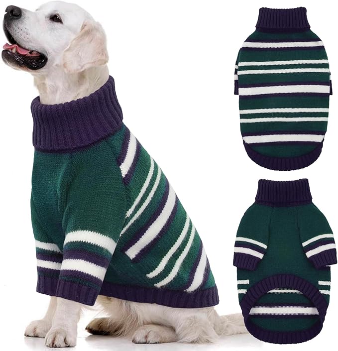 Kuoser Dog Sweater,Warm Dog Sweaters for Extra Large Dogs,Turtleneck Thick XXL Dog Sweater Christmas Outfit,Pet Winter Clothes Doggie Knitwear Girl Boy for Holiday Thanksgiving,Green&Navy Strips 2XL