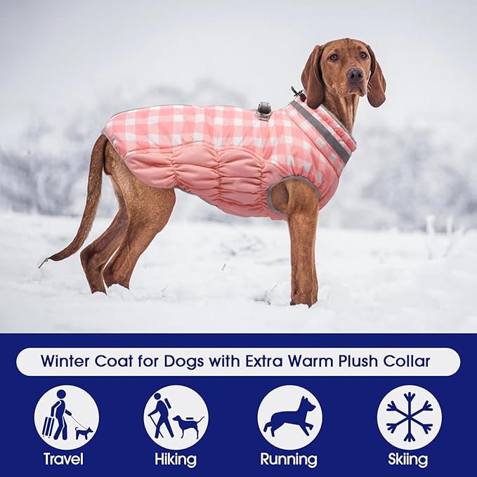 FUAMEY Dog Coat for Large Dogs,Waterproof Dog Winter Jacket with Harness Built in Puppy Cold Weather Coats Reflective Pet Vest with Zipper Warm Fleece Dogs Snowsuit Windproof Pink Plaid 2XL