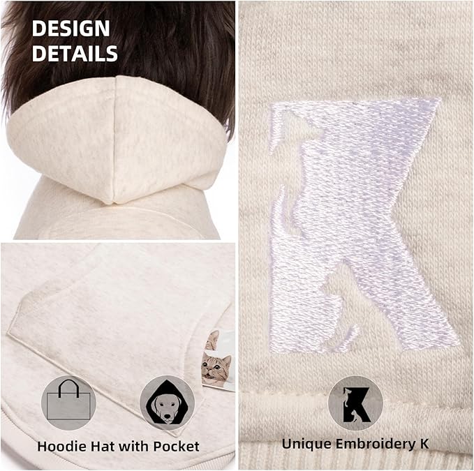 Koneseve Dog Hoodie Fleece, Cat Sweater Warm with Pocket - Soft Clothes for Daily Wear, Basic Hooded Sweatshirts, Winter Coat Clothing, Comfort Tee Shirt Fit for All Breeds Pet - Beige - 4XL