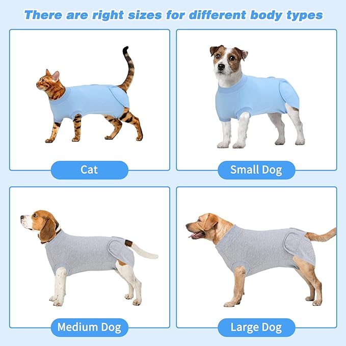 2 Packs Breathable Cotton Dog Recovery Suit for After Neuter Spay Abdominal Wounds Protector, Professional Anti-Licking Onesies for Male Female Pets Surgery Bandages, L Grey Blue Pure