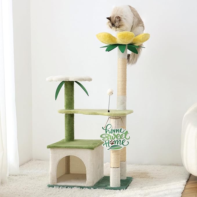 HYABi 47.5-Inch Avocado Cat Tree Tower - Cute Garden Cat Condo with Multi-Level Activity Platform, Scratching Posts & Plush Ball, Perfect for Indoor Kittens