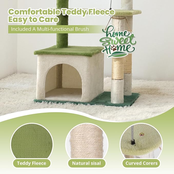 HYABi 47.5-Inch Avocado Cat Tree Tower - Cute Garden Cat Condo with Multi-Level Activity Platform, Scratching Posts & Plush Ball, Perfect for Indoor Kittens
