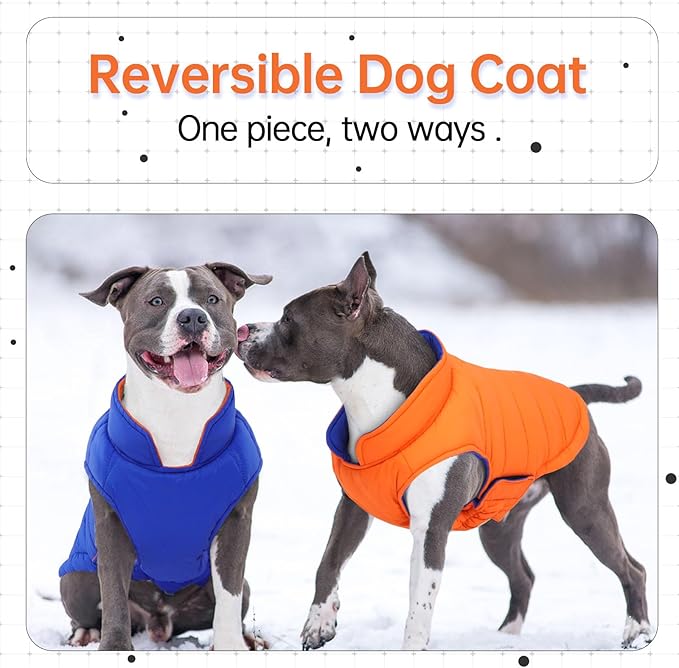 Lelepet Reversible Dog Coat Waterproof Dog Jacket Windproof Puffer Vest for Winter Warm Lightweight Coats for Small Dogs Adjustbale Hook & Loop Pet Apparel with Leash Hole, Pug, Orange, M