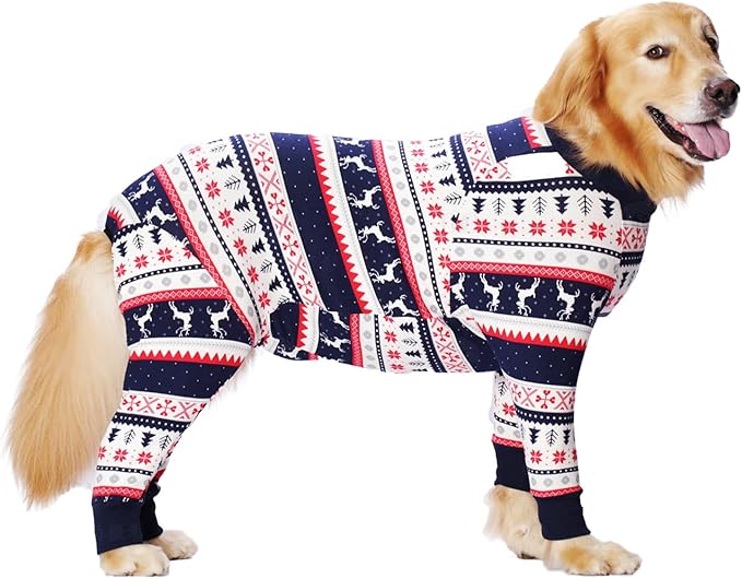 Dog Recovery Suit After Surgery Female Male, Medium Large Dog Neuter Shirt Cone Alternatives Prevent Licking Surgical Onesies (Christmas Blue, 4XL)